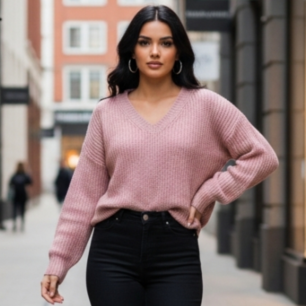 a . new . day  Women's Soft Pullover Knitted Sweater Beige/Pink V-Neck  S…